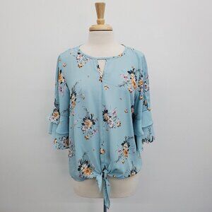 Roz & Ali Womens Keyhole Neck Tie Front Blouse‎ Top Size L Blue Slit Bell Sleeve